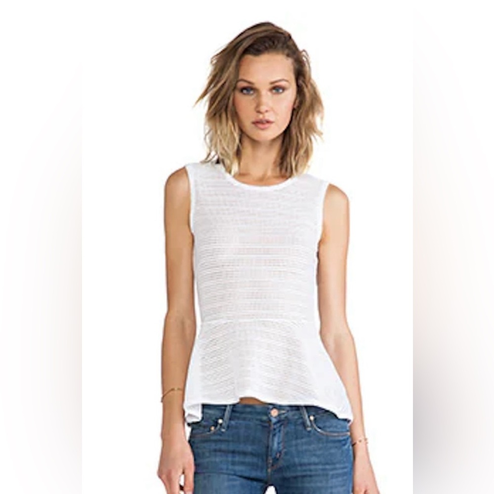 BCBGMAXAZRIA Evia Peplum White Laser Cut size Large sleeveless women’s top